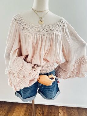 Jen's Pirate Booty Pale Pink Crochet Yoke Peasant Blouse